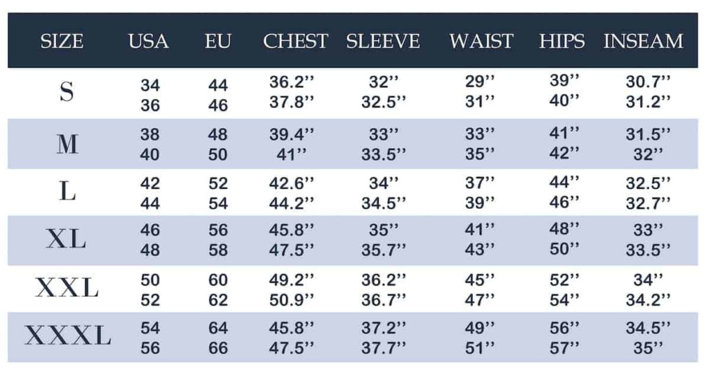 Men 39 s Clothing Size Conversion Chart Pants Shirts Jackets 