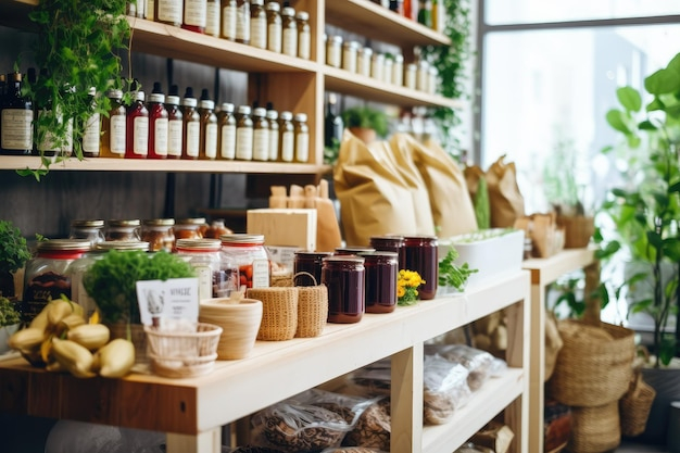 Premium Photo Wood Shelves Stocked With Plastic Free Food And 