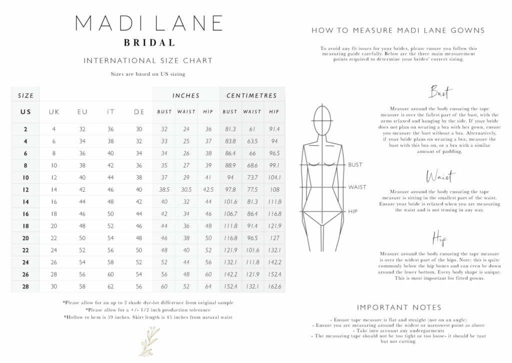 Size Chart Madi Lane Bridal
