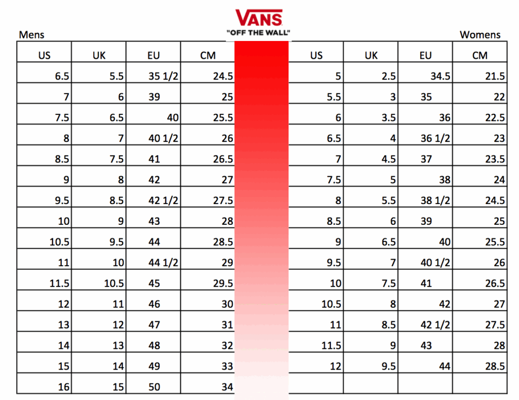 Vans Shoes Size Conversion Chart Soleracks